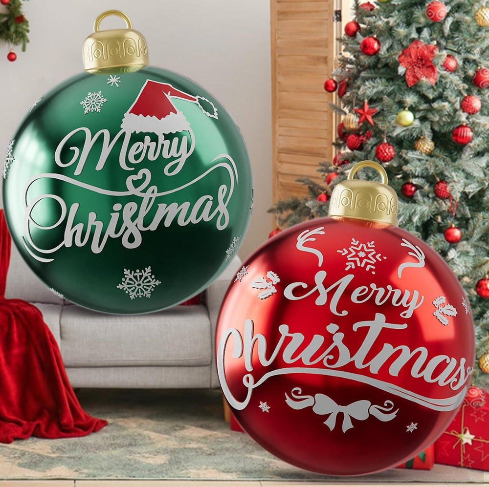 Icilar front view of two 24-inch inflatable Christmas balls showing festive colors and size benefit