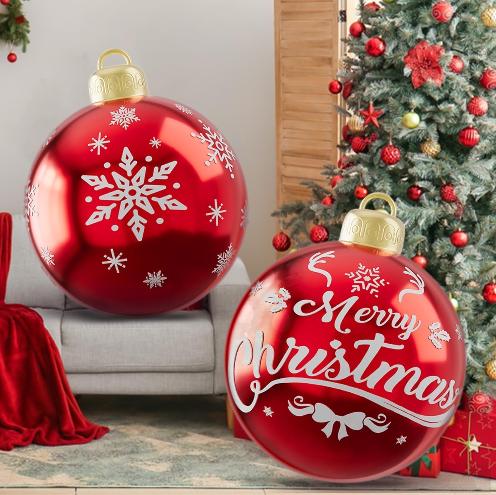 Icilar front view inflated red ornament showing festive curb appeal