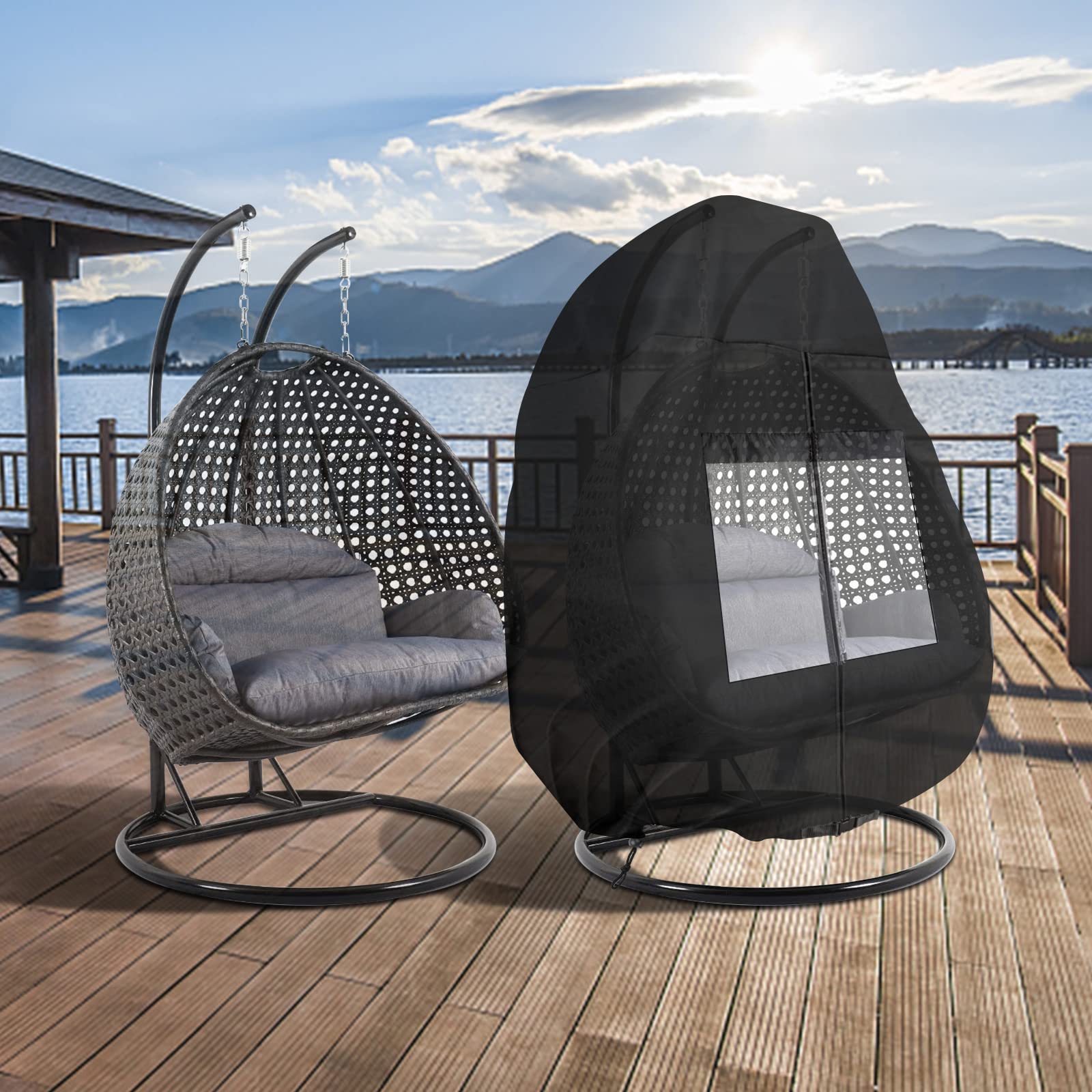 i COVER covered egg chair beside pool showing protected, visible seating