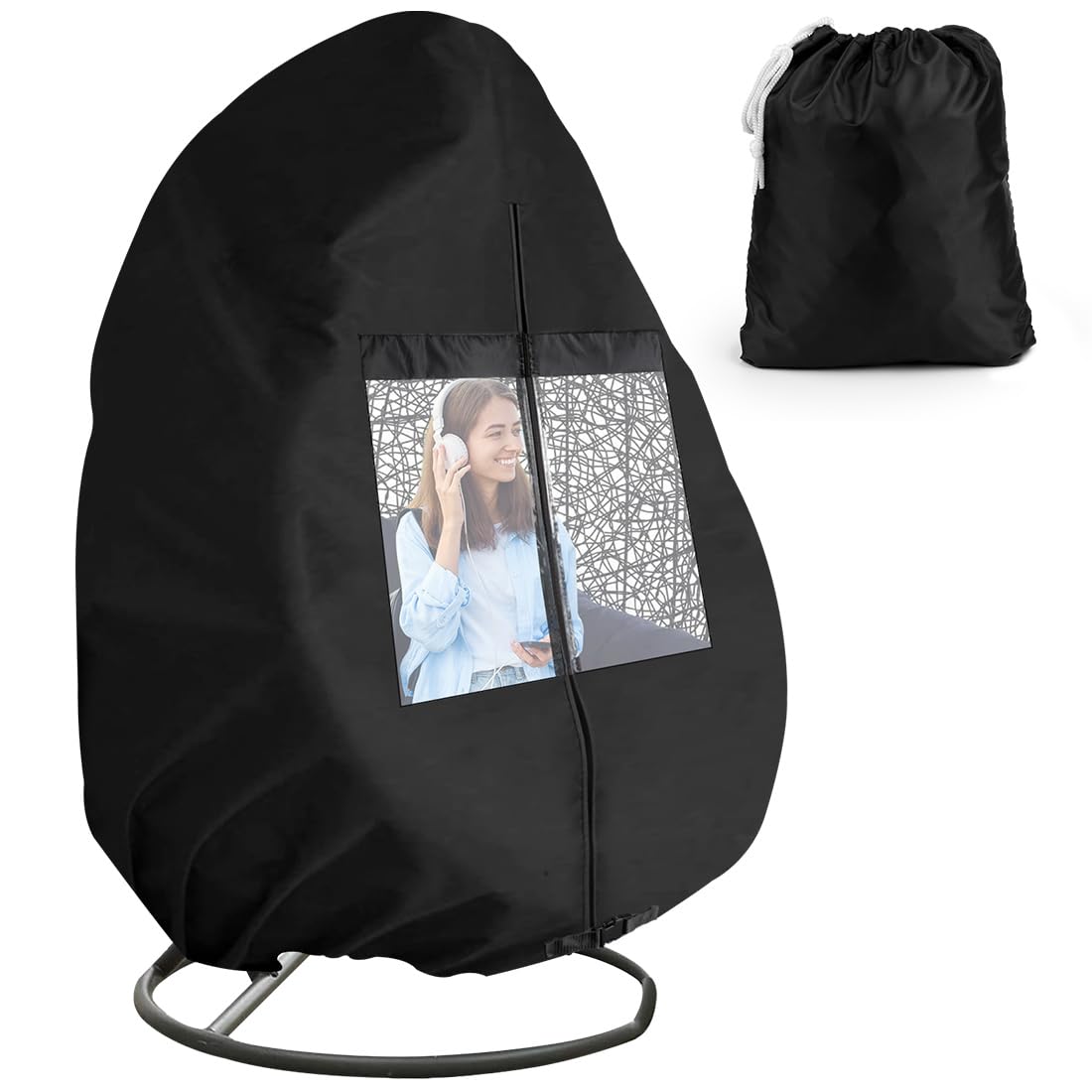 i COVER front view of full cover protecting egg chair with visibility benefit
