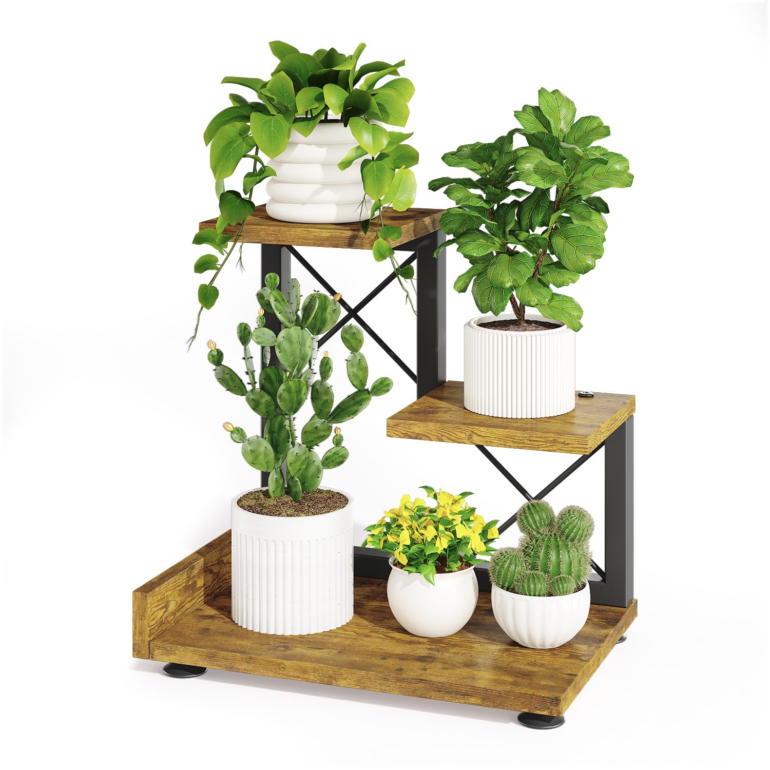 iDavosic.ly front view of brown plant stand showcasing neat desktop display