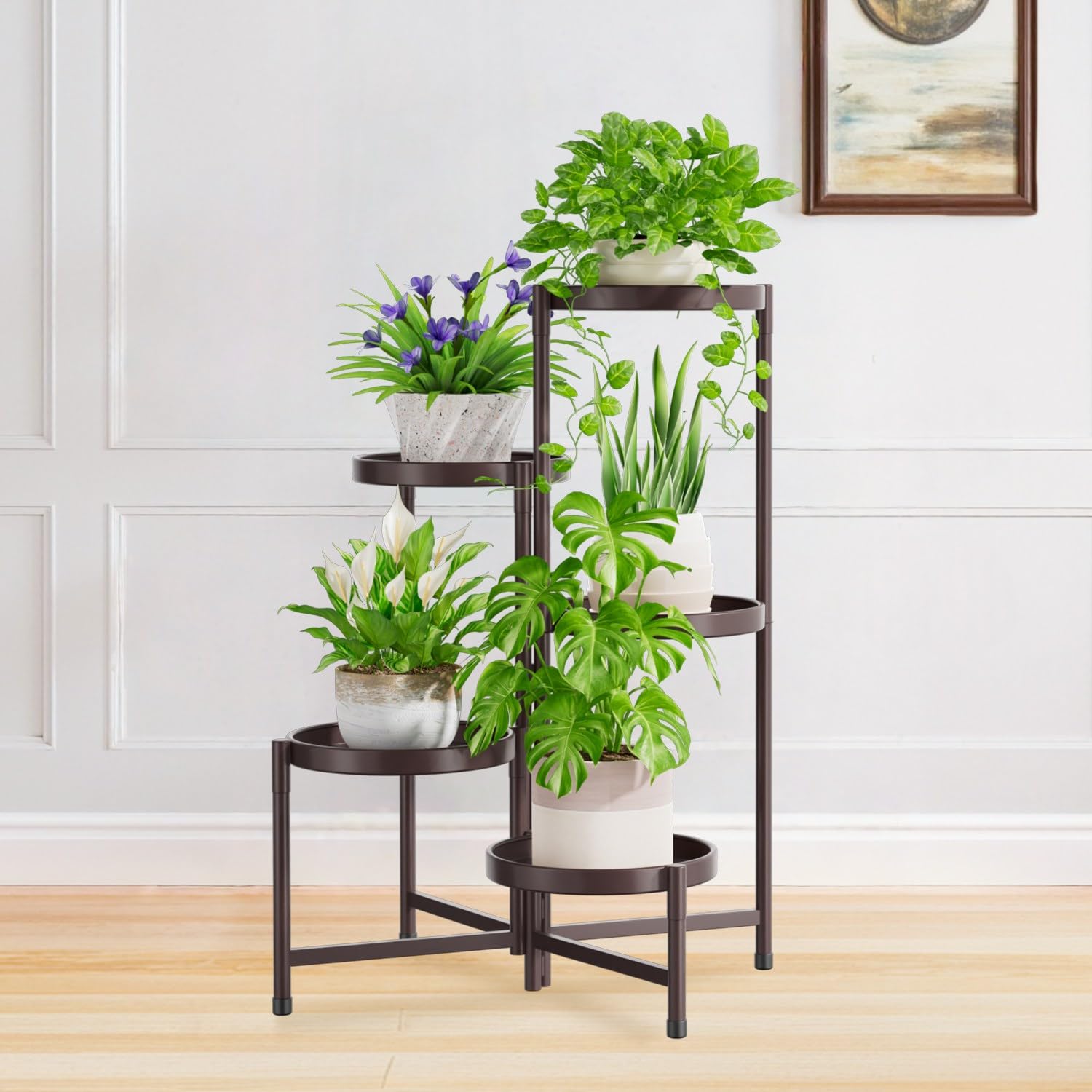 iDavosic.ly front view of 5 tier plant stand showing bronze finish and compact profile