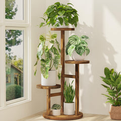 iDavosic.ly front view of 3-tier brown plant stand showing compact corner-friendly design and sturdy display