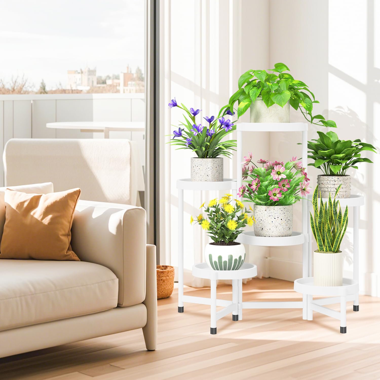 iDavosic.ly plant stand staged in living room, elevates indoor plants for visual impact