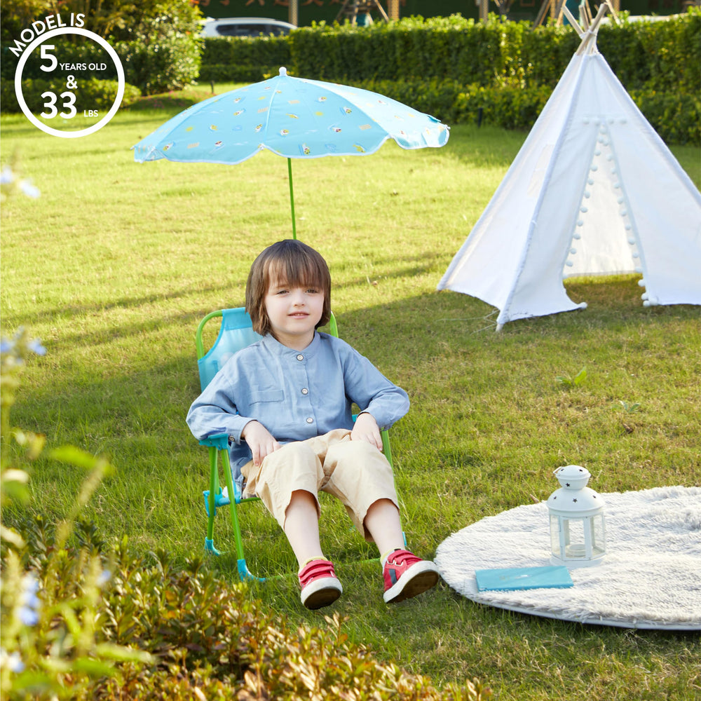 Idea Nuova chair in use at the beach with child seated, convenience and shade