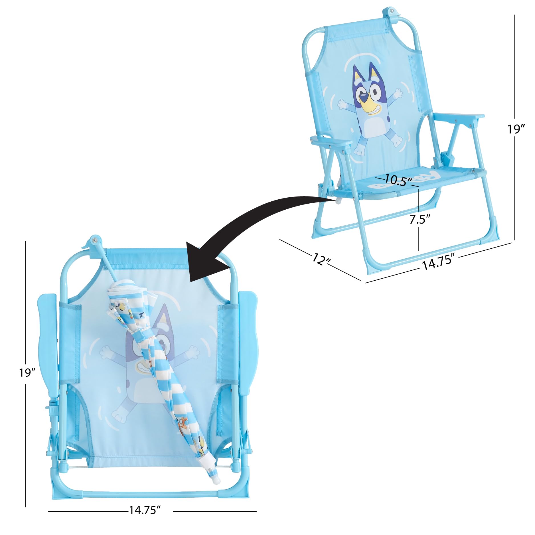 Idea Nuova Bluey child at beach using chair with umbrella for shaded comfortable seating