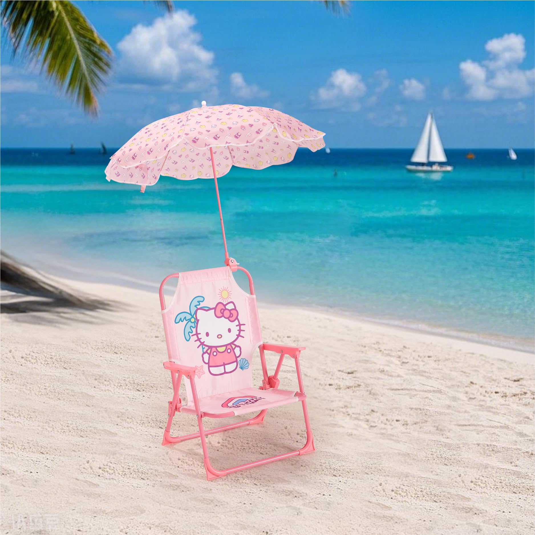 Idea Nuova Hello Kitty chair on beach in use offering playful outdoor seating benefit