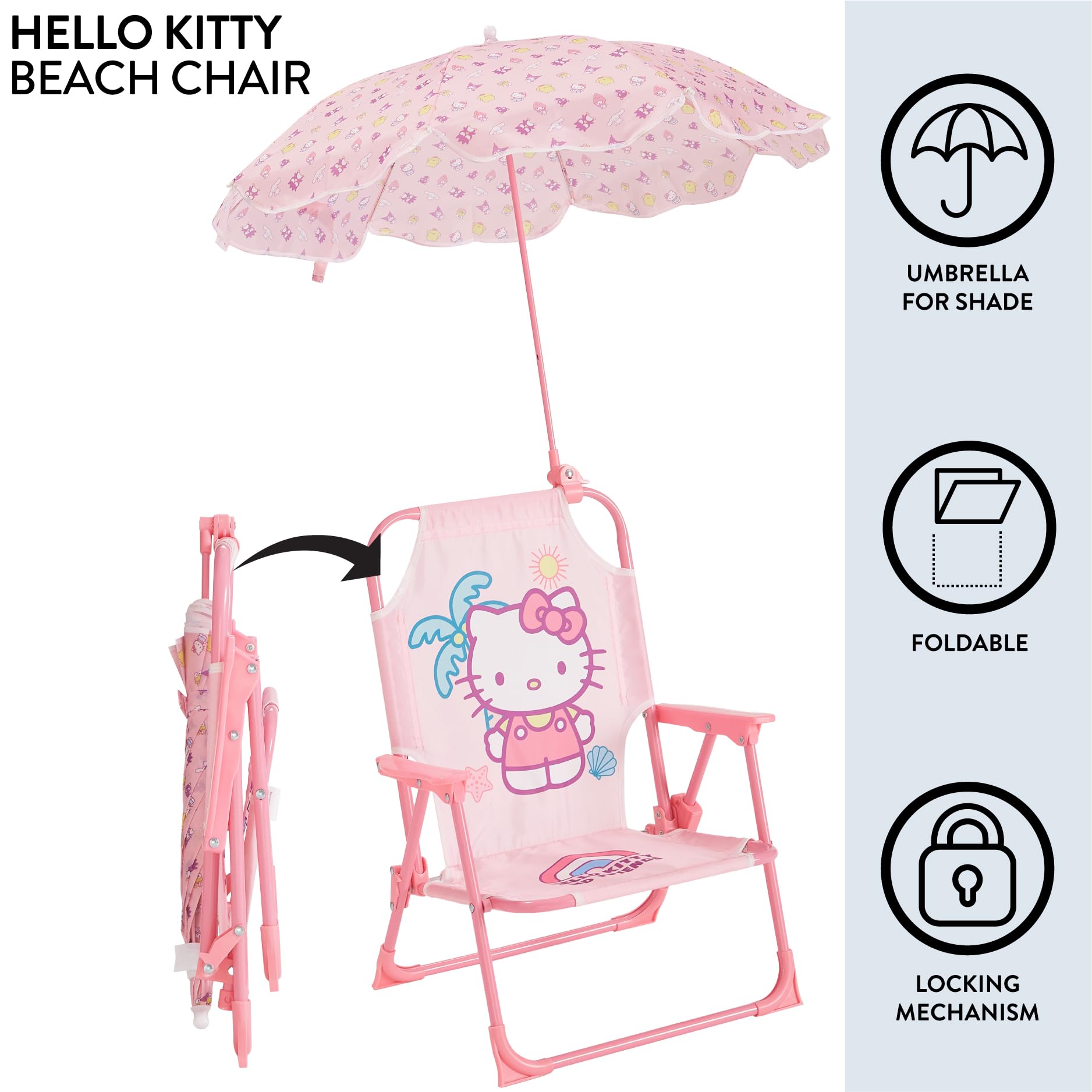 Idea Nuova Hello Kitty side profile showing safety lock and sturdy frame benefit of stability