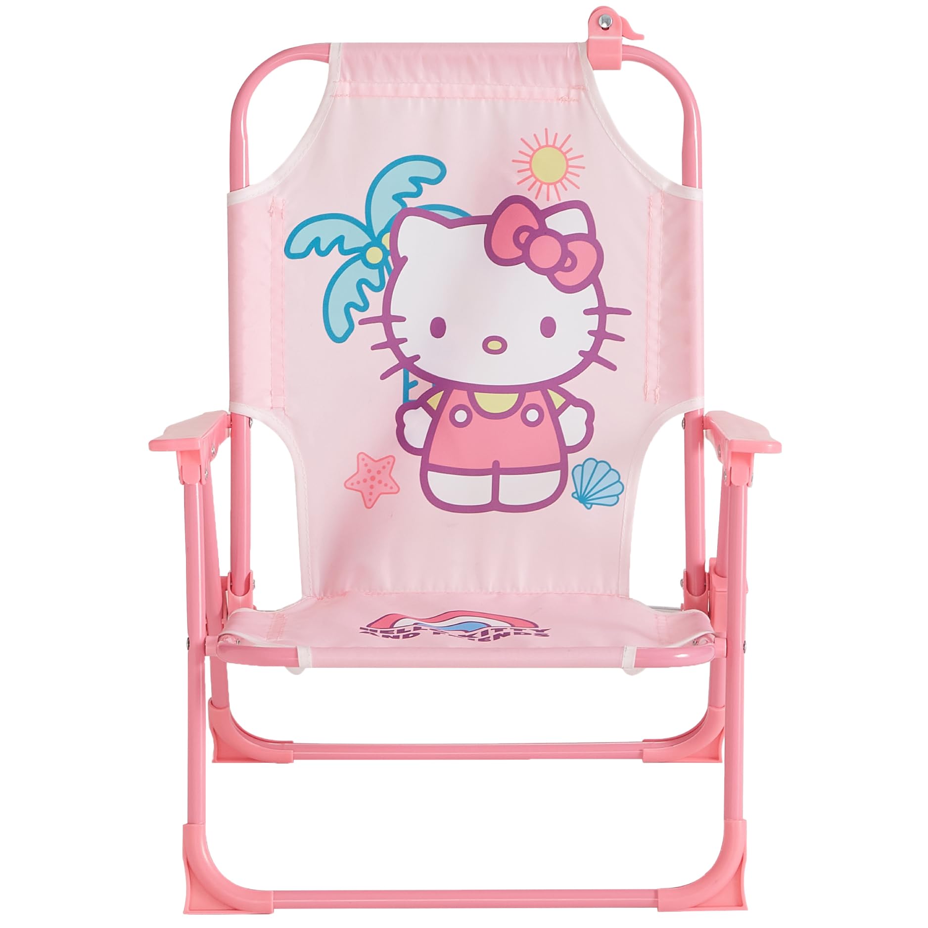 Idea Nuova Hello Kitty umbrella clipped to chair back providing shaded protection for child