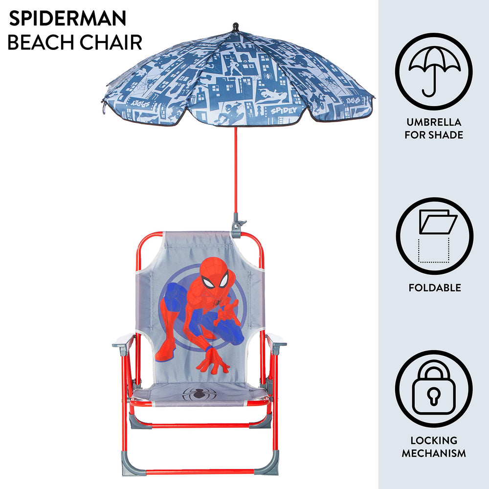 Idea Nuova Spiderman umbrella detail clipped to chair providing instant sun protection
