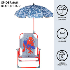 Idea Nuova Spiderman umbrella detail clipped to chair providing instant sun protection
