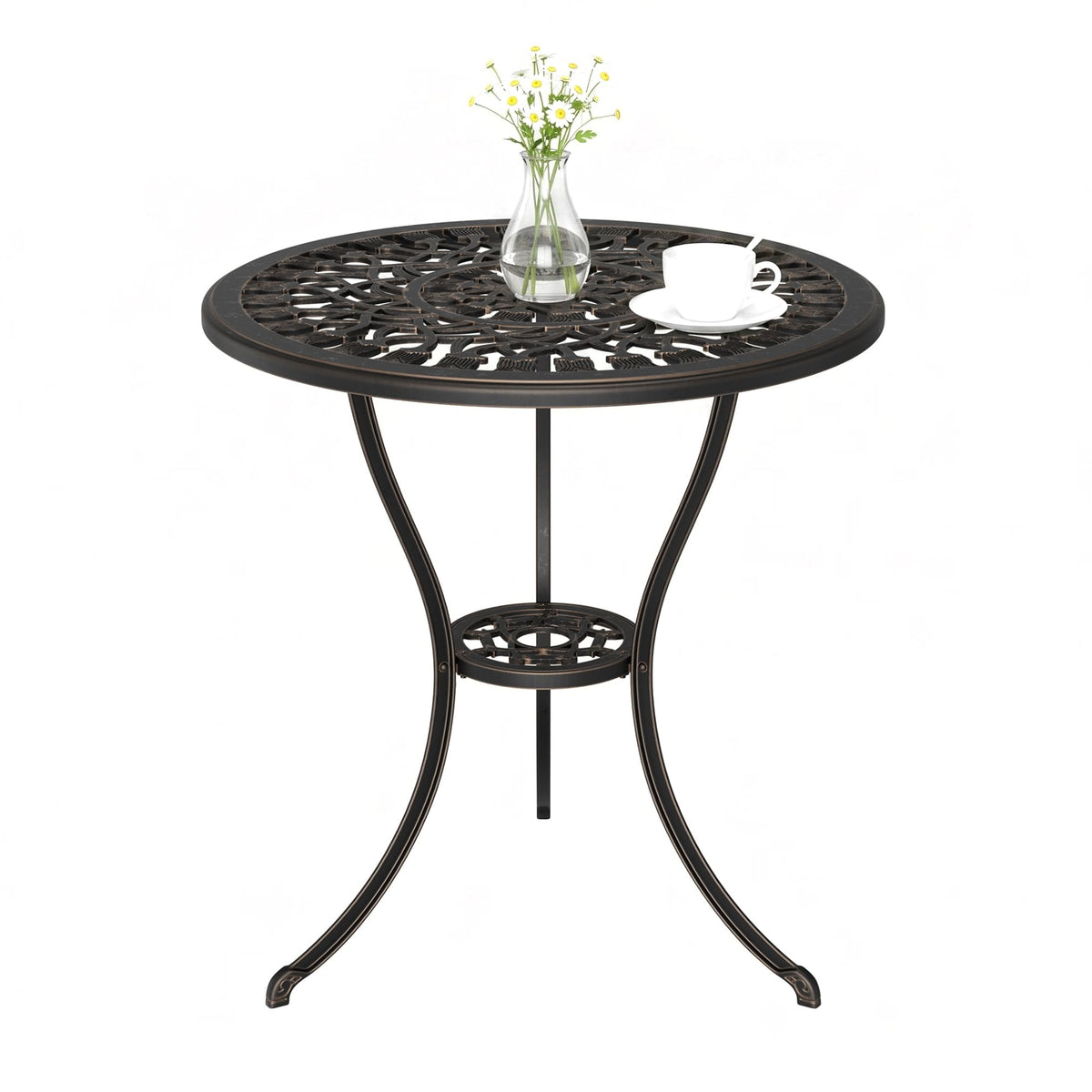 IDEALHOUSE bronze front view showing elegant patio table and compact size