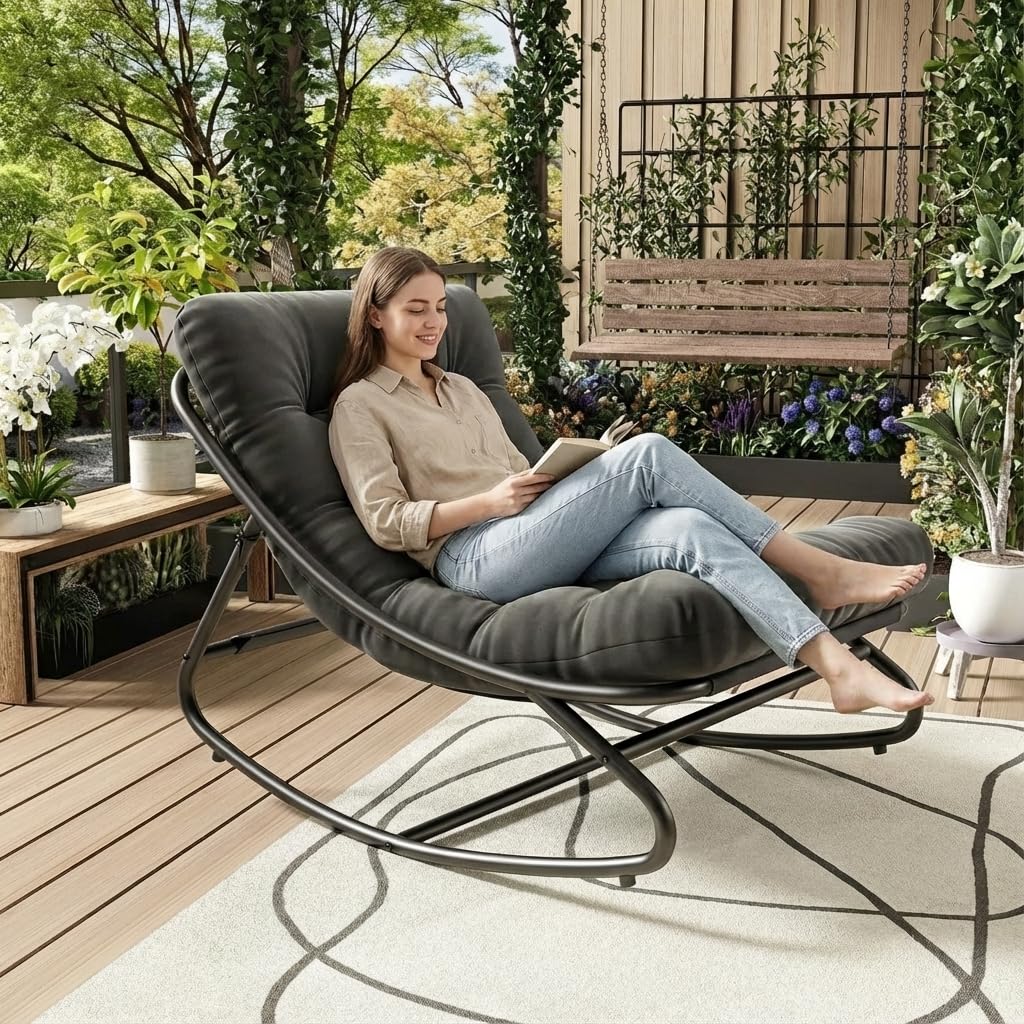 IDEALHOUSE front view of chair showing dark grey cushion and modern silhouette for comfort