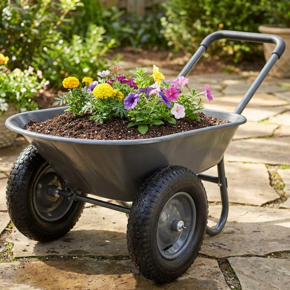 IDEALHOUSE front view of garden cart showing compact, balanced design for easier hauling