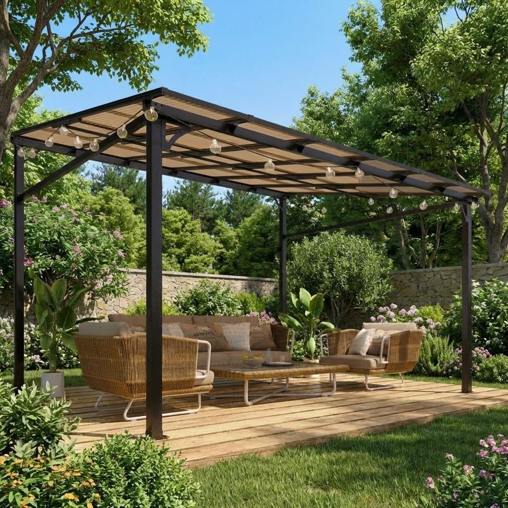 IDEALHOUSE front view of 10x12 lean-to gazebo showing space-saving shelter