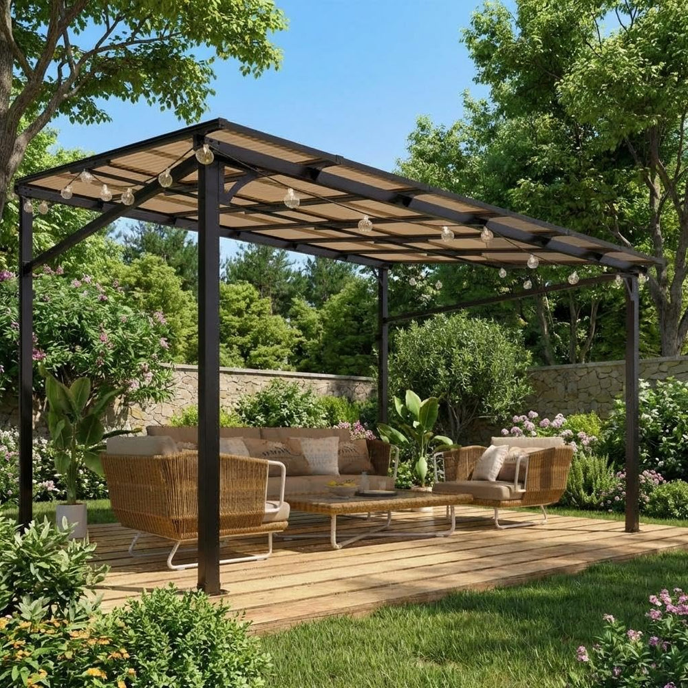 IDEALHOUSE front view of 10x12 lean-to gazebo showing space-saving shelter