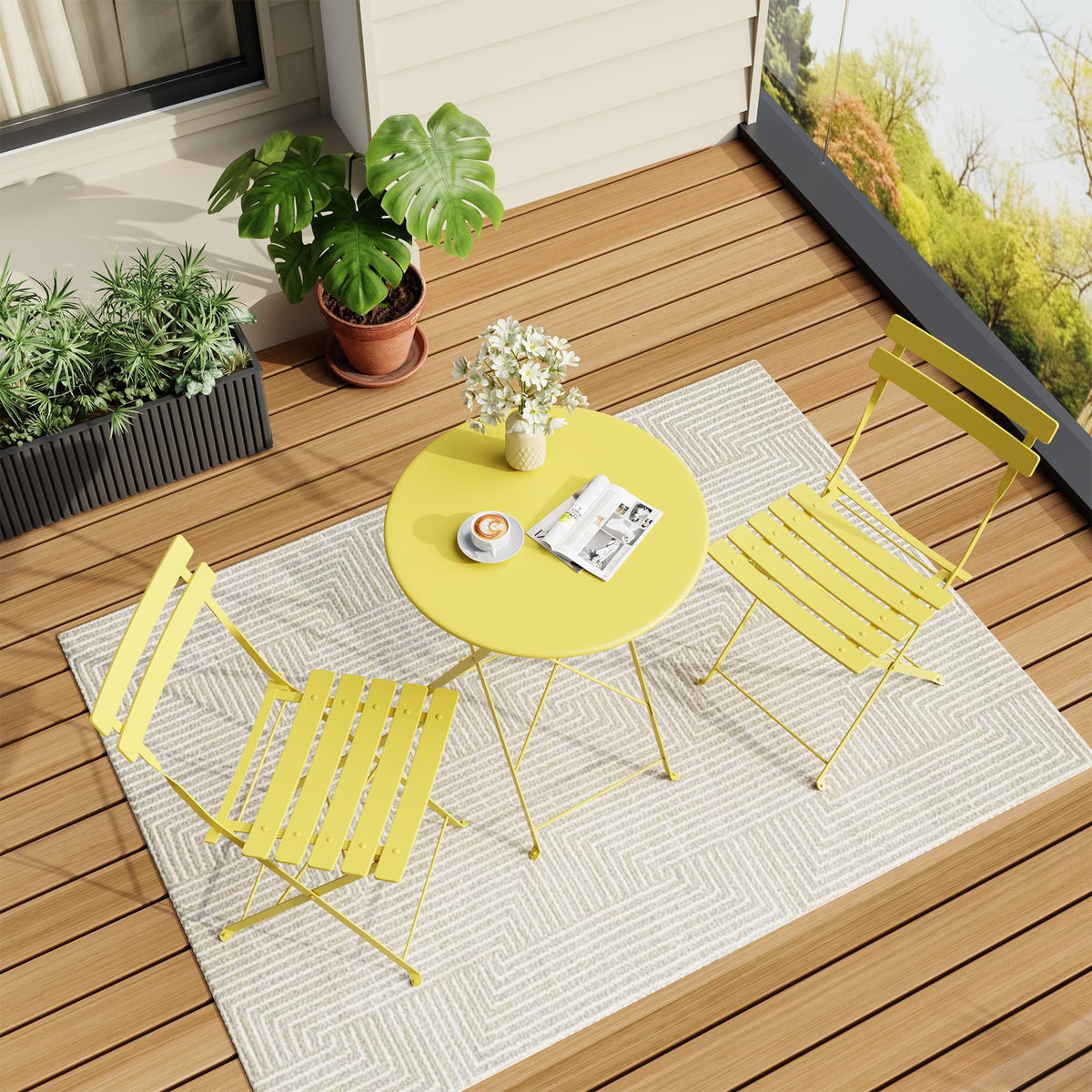 IDEALHOUSE yellow bistro set front view showing compact seating benefit