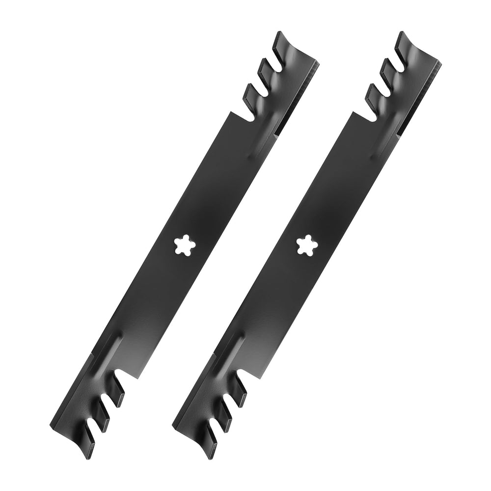 IDEASURE front view of 42" mulching blades showing packaging and fit