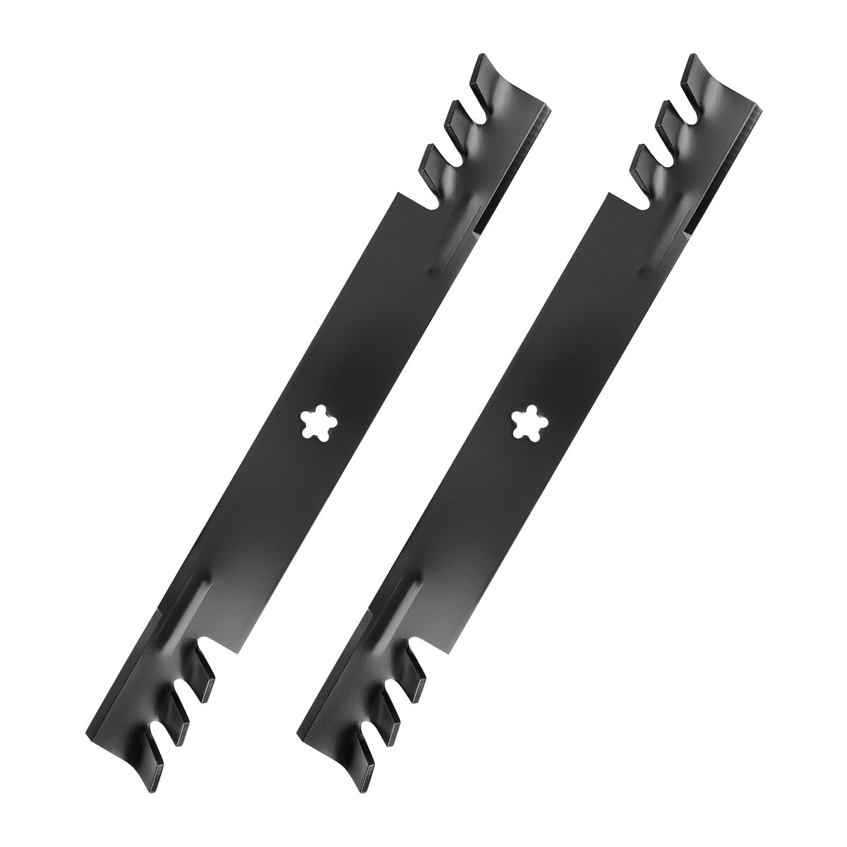 IDEASURE front view of 42" mulching blades showing packaging and fit