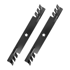 IDEASURE front view of 42" mulching blades showing packaging and fit
