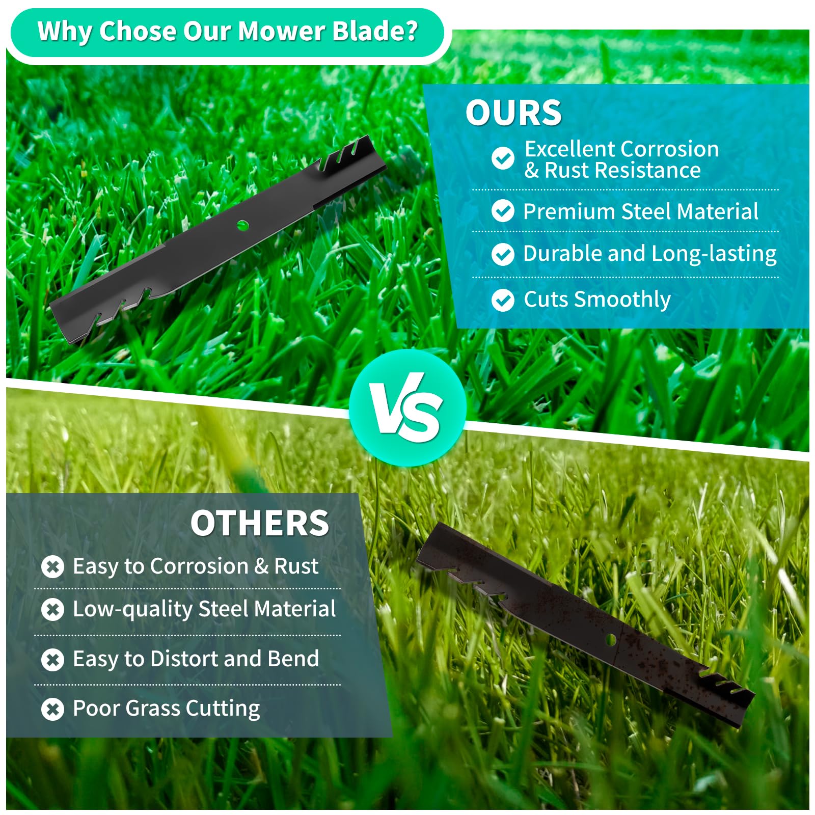IDEASURE blade cutting grass on a lawn mower demonstrating cleaner finish and efficiency