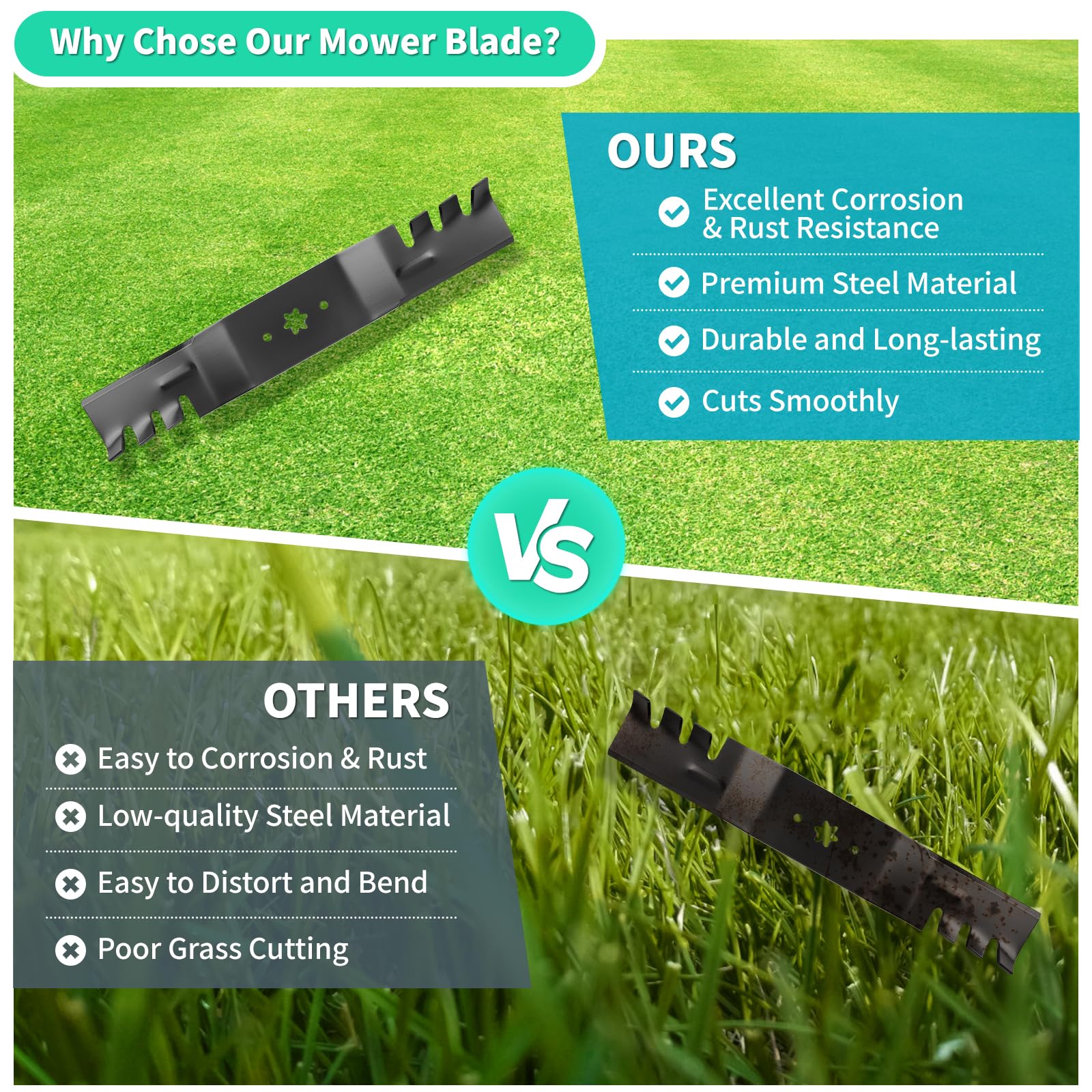 IDEASURE three blades staged beside mower showing ready replacement convenience benefit