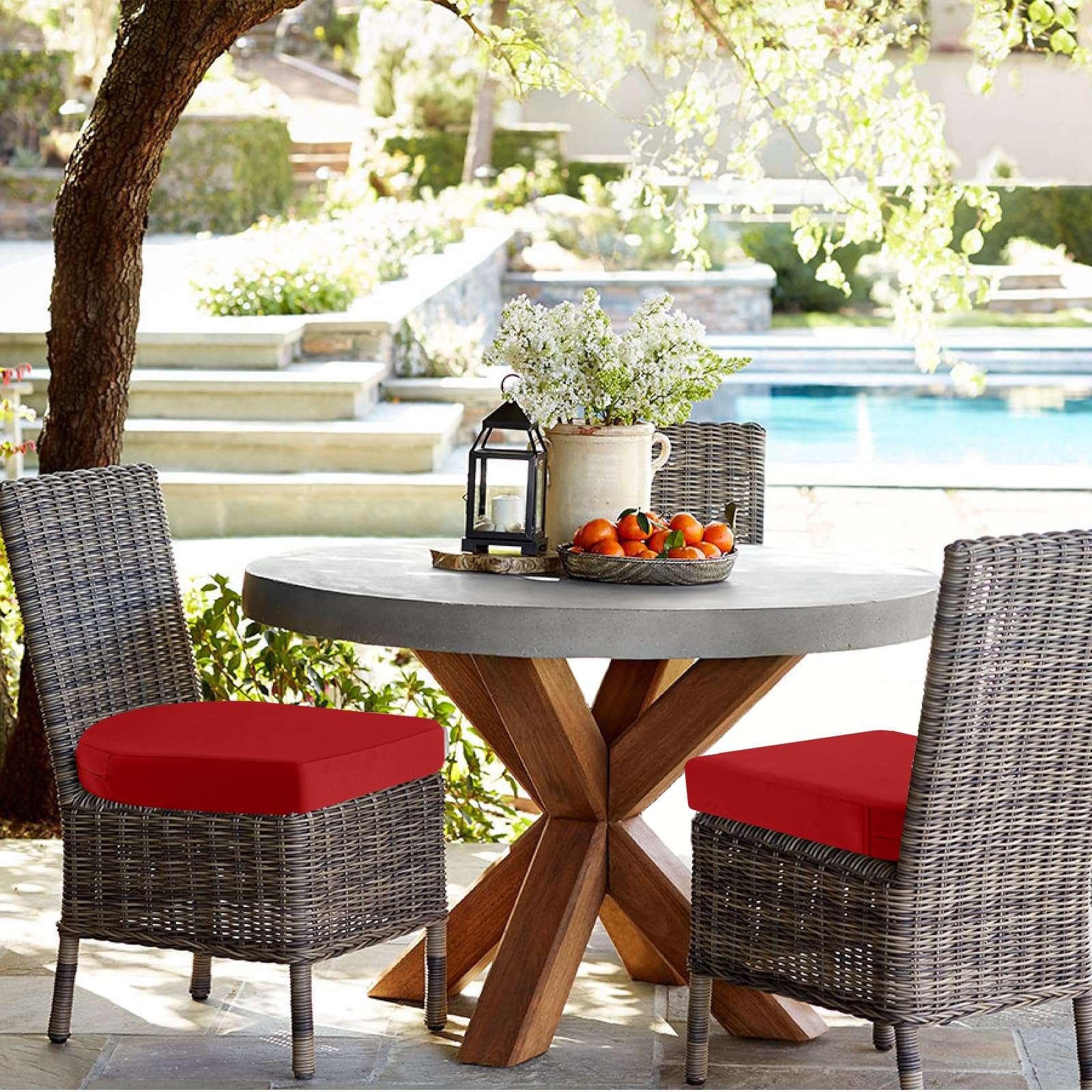 idee-home cushion placed on a bistro chair showing added seating comfort outdoors