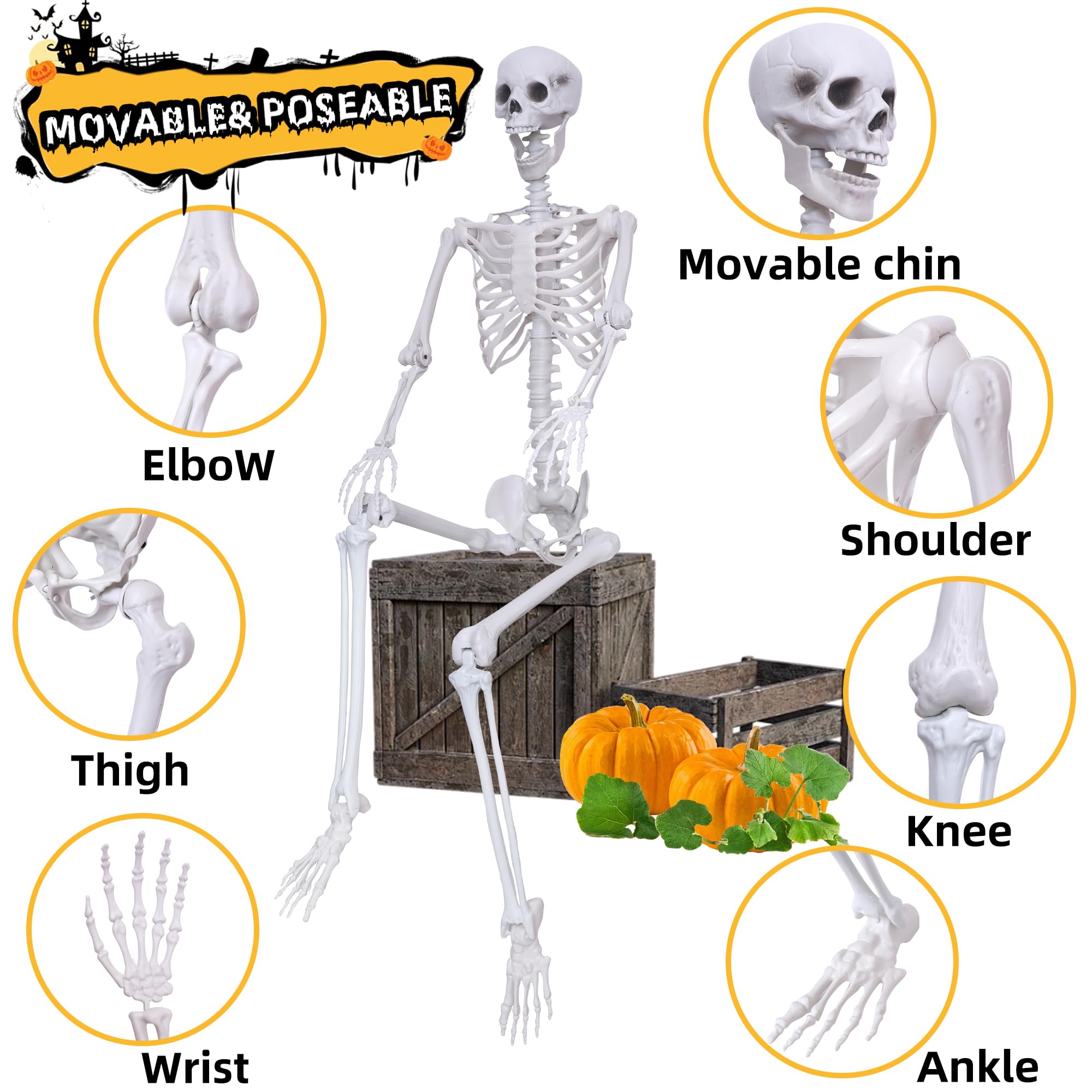 IDMOP skeleton staged on a porch for Halloween showing atmosphere and easy setup