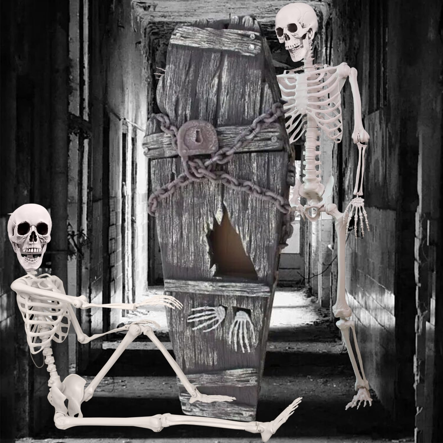 IDMOP skeleton staged in haunted yard providing dramatic seasonal atmosphere