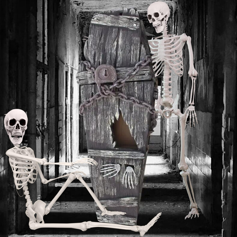 IDMOP skeleton staged in haunted yard providing dramatic seasonal atmosphere