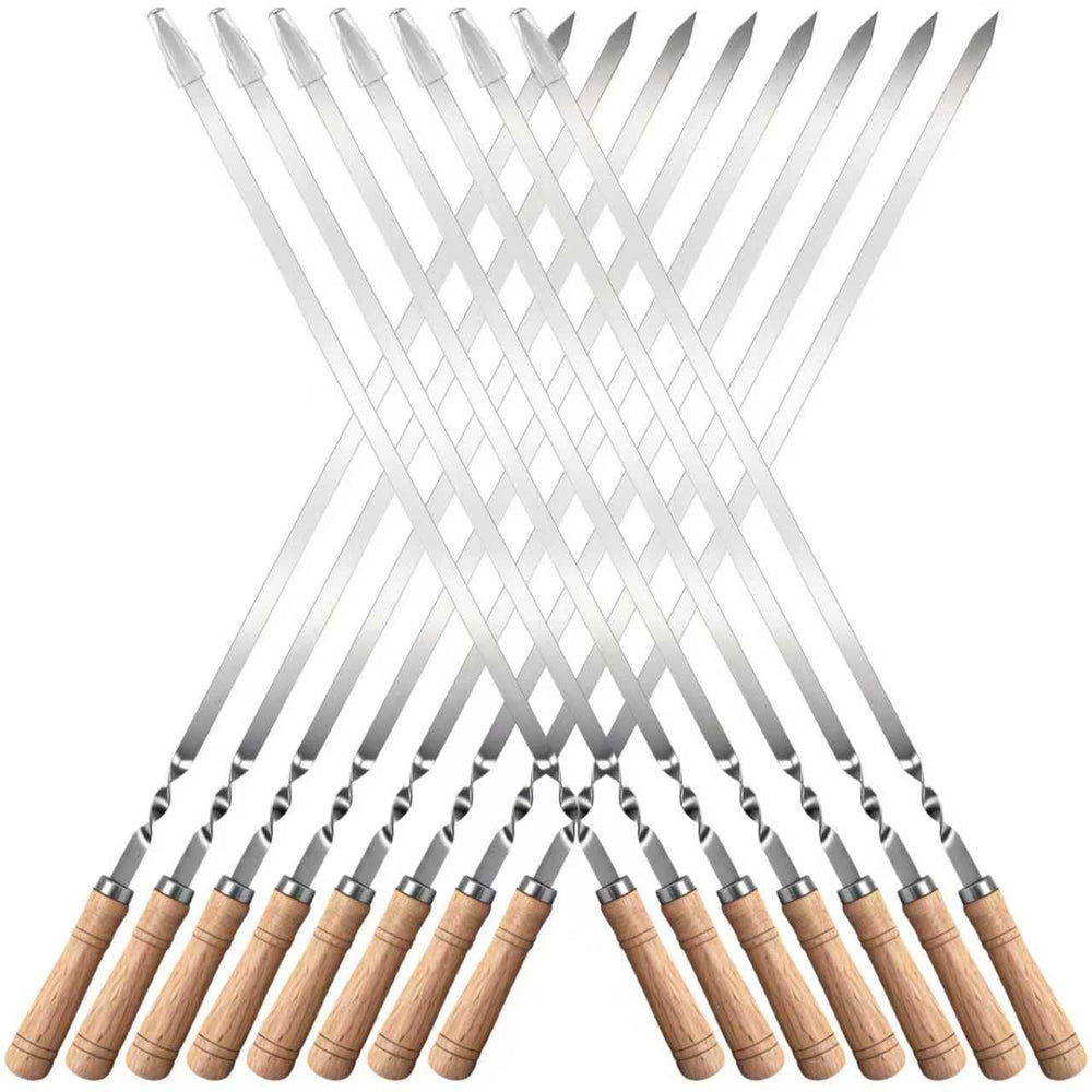 Idong front view of 15 skewers set showing handles and caps for easy transport