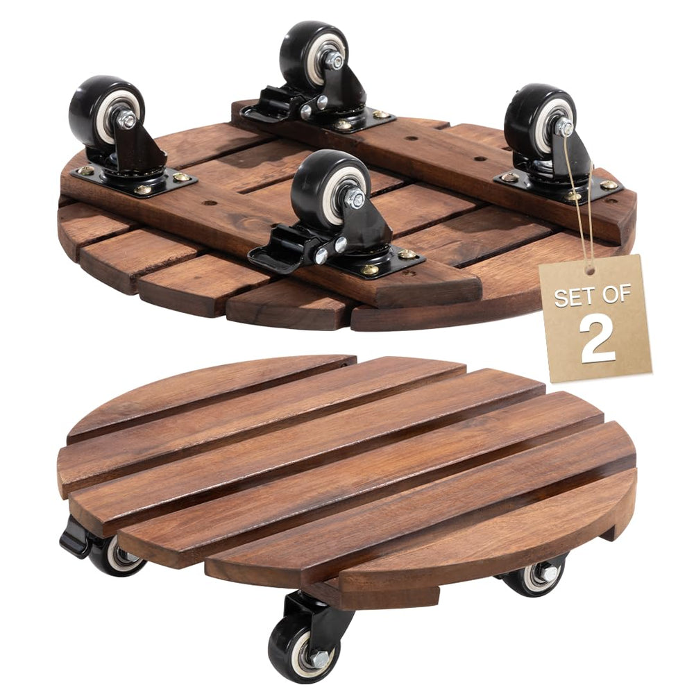 idzo front view of 14-inch acacia wood plant caddy showing finished surface and round profile for stable support