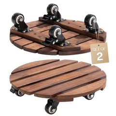 idzo front view of 14-inch acacia wood plant caddy showing finished surface and round profile for stable support