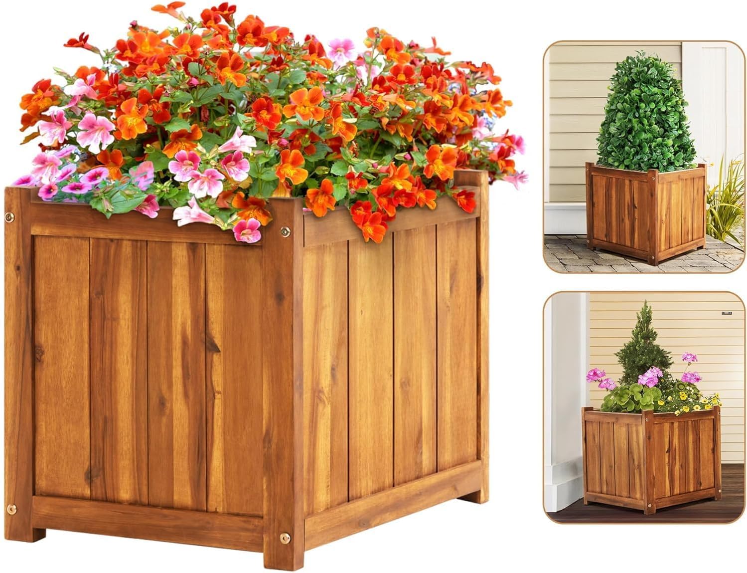 IDZO acacia barrel planter front view showing rustic styling and curb appeal