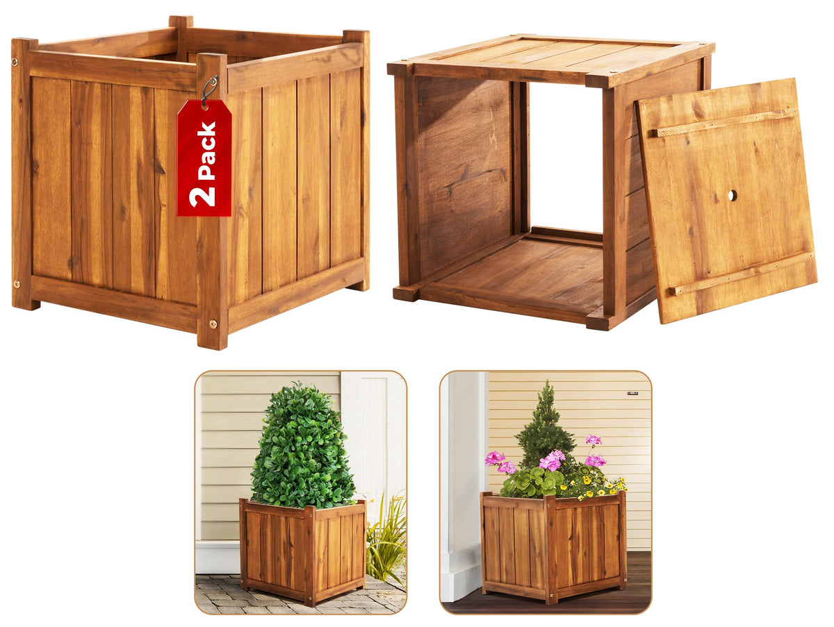 IDZO front view of two acacia wood planters shows natural style and durable build