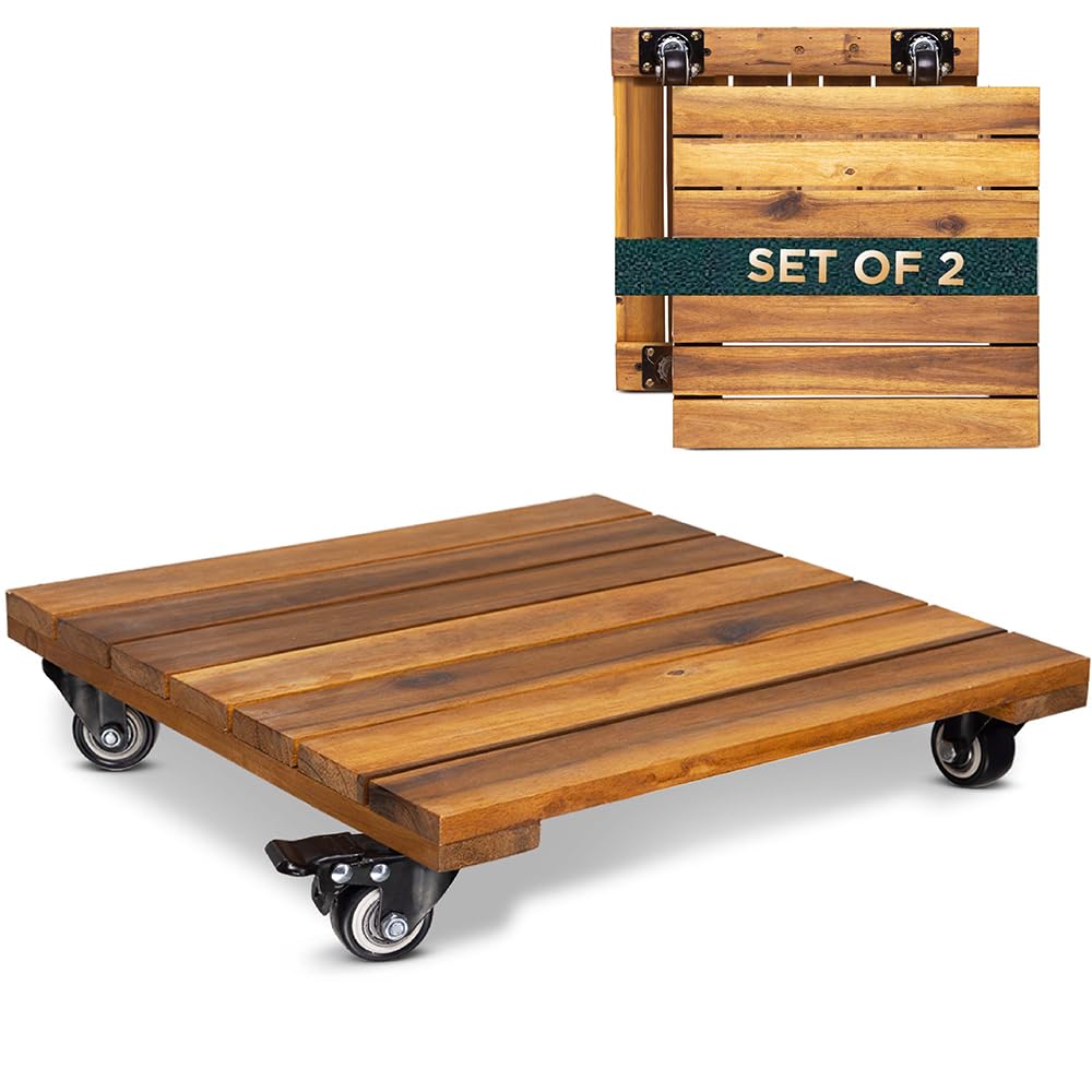 IDZO front view of 14 inch wood plant caddy showing sturdy base and wheels, adds mobility