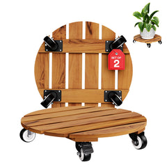 IDZO front view of round acacia plant caddy showing natural finish and profile, stylish mobility