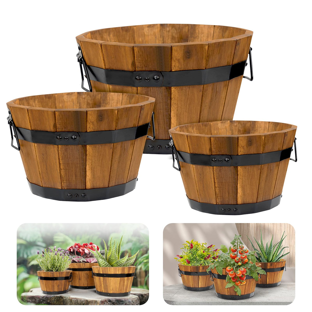 IDZO front view of three wooden barrel planters showing coordinated set and curb appeal