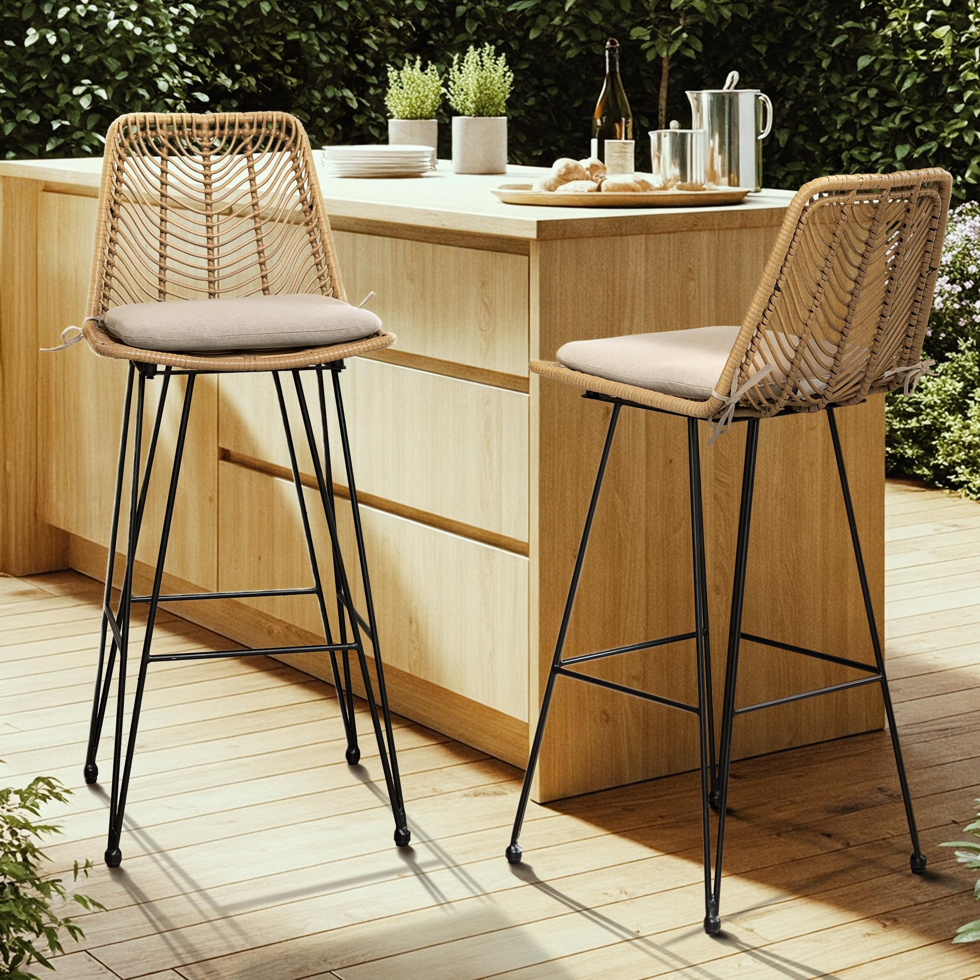 IDZO front view of two outdoor rattan bar stools showing seating comfort