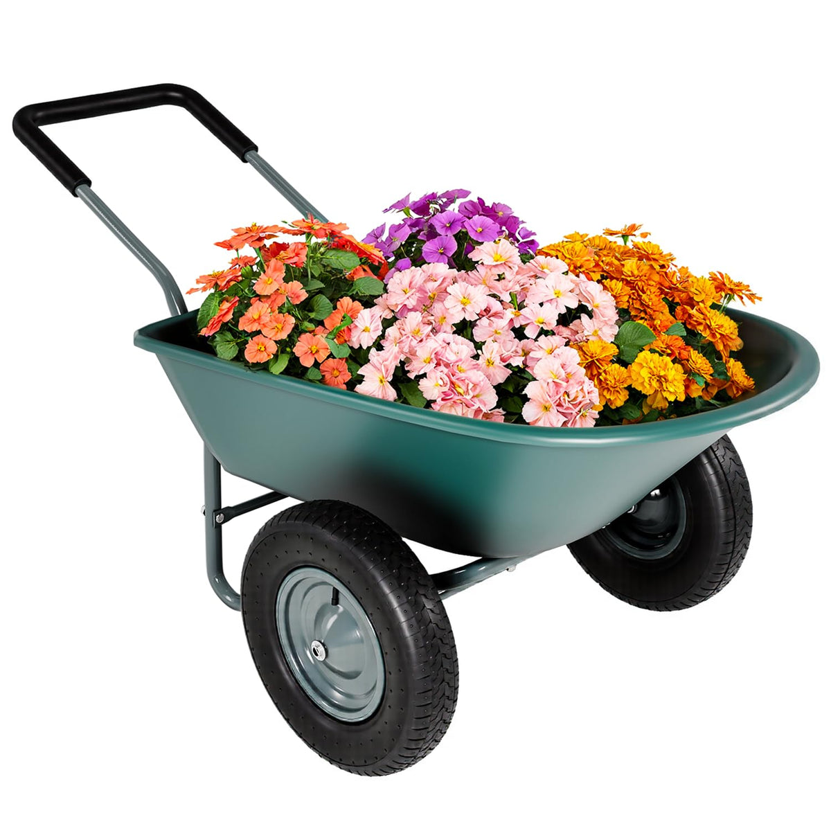 IDZO front view of wheelbarrow showing stable dual-wheel design and tray benefit
