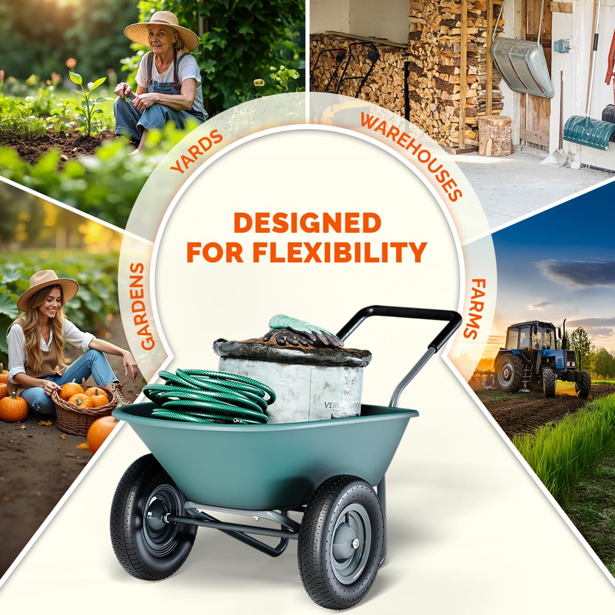 IDZO wheelbarrow in use moving mulch to speed landscaping tasks