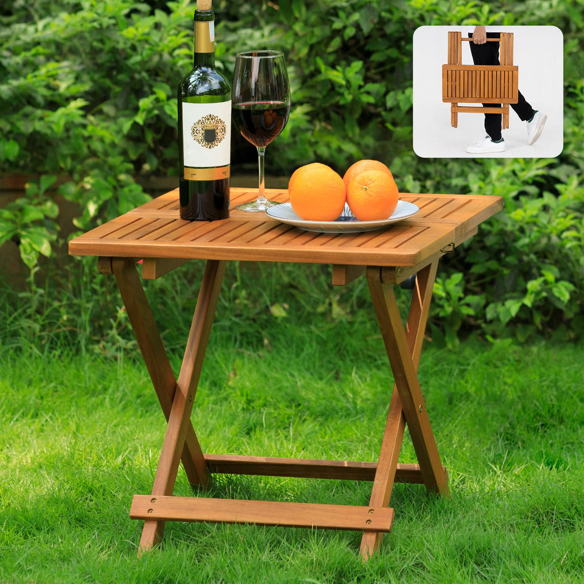 IDZO Mira front view showing compact square table and elegant wood finish