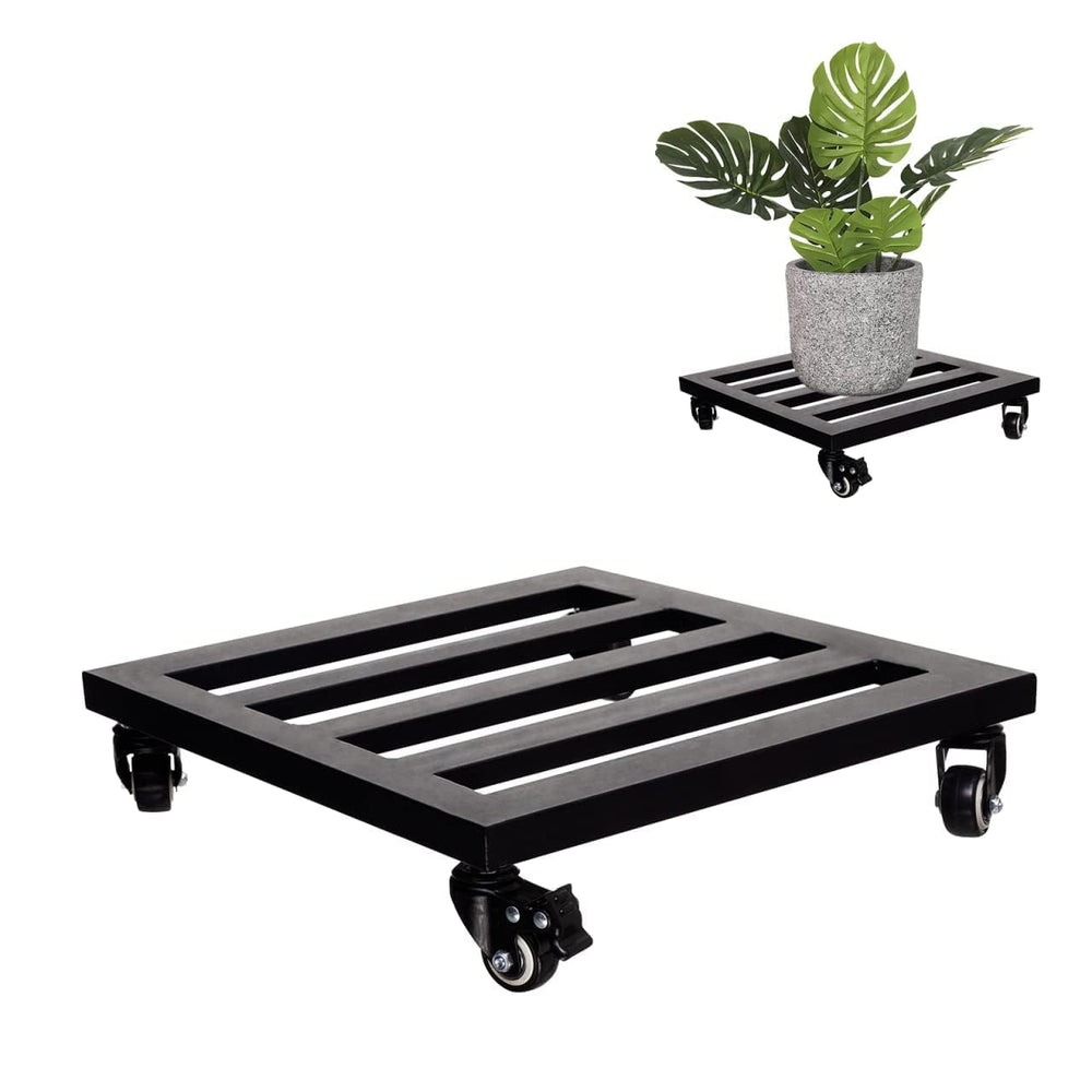 IDZO front view of black 14-inch plant caddy showing sturdy frame and wheel layout for stability