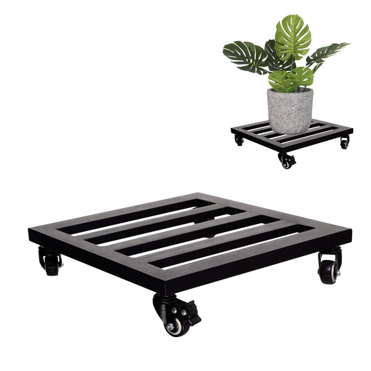 IDZO front view of black 14-inch plant caddy showing sturdy frame and wheel layout for stability