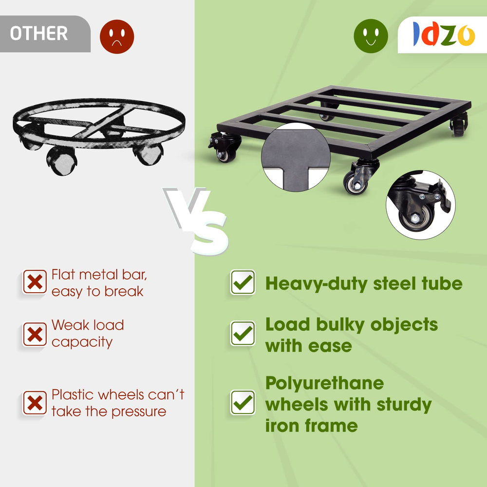 IDZO side profile of metal plant caddy demonstrating low-profile base for hidden support