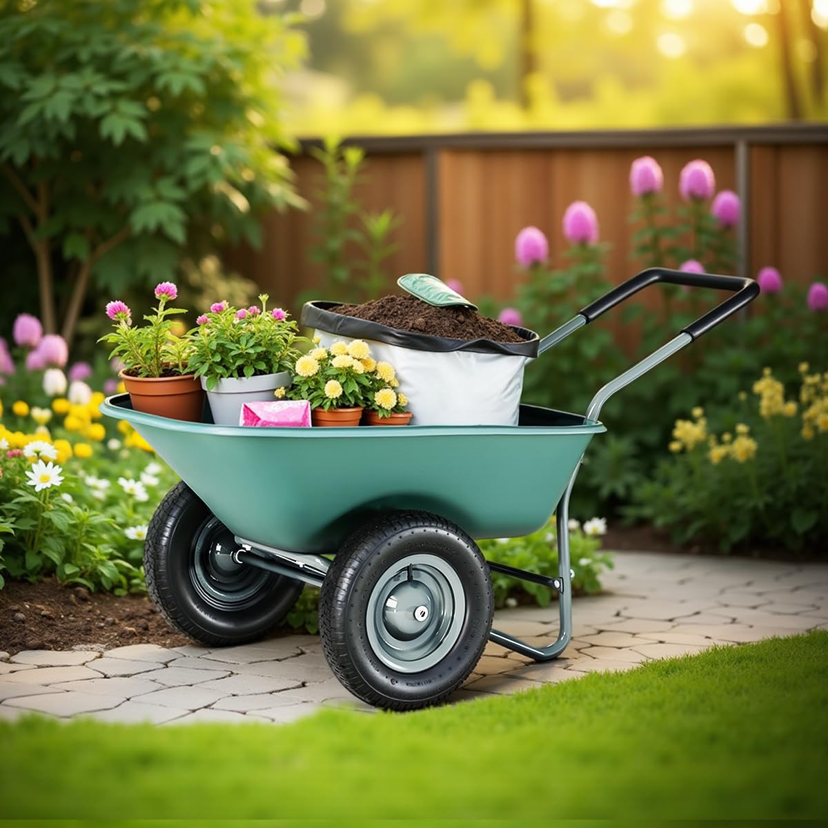 IDZO wheelbarrow next to rake and shovel showing size and load capacity