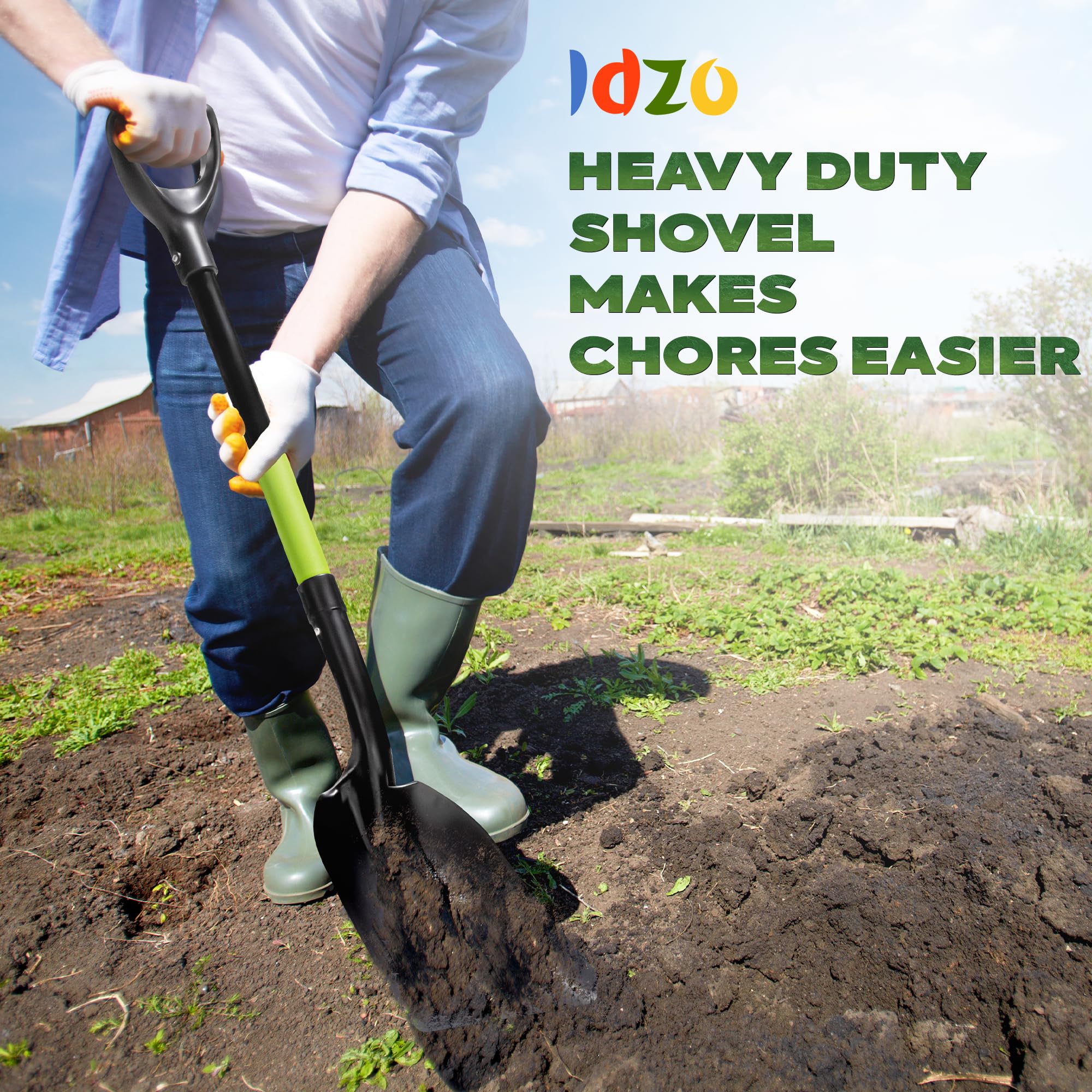 IDZO shovel size comparison leaning against doorframe to show full 44.5-inch length