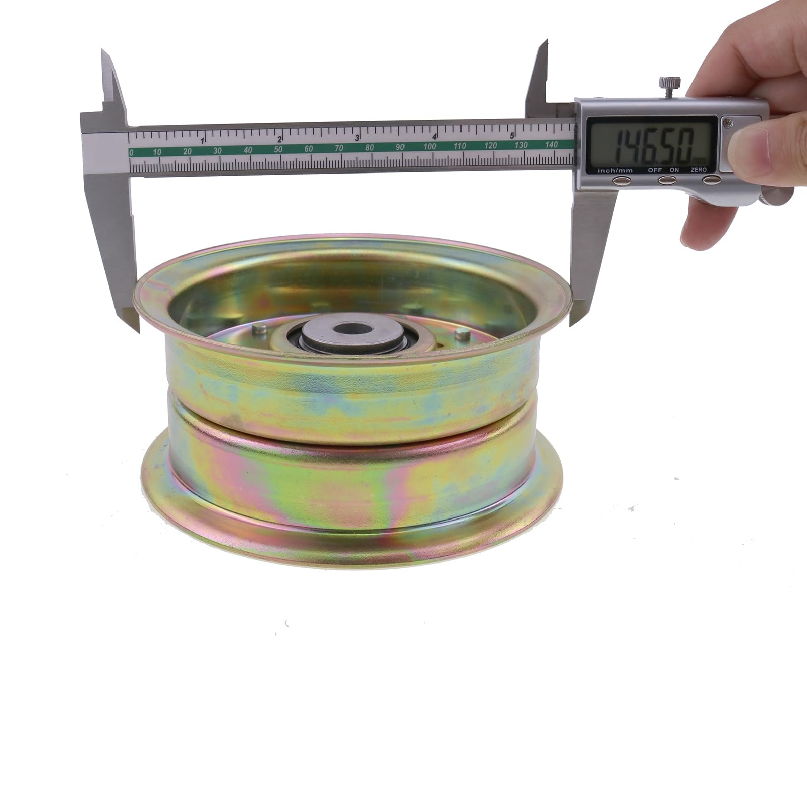 IEQFUE pulley beside ruler for scale showing exact dimension verification benefit