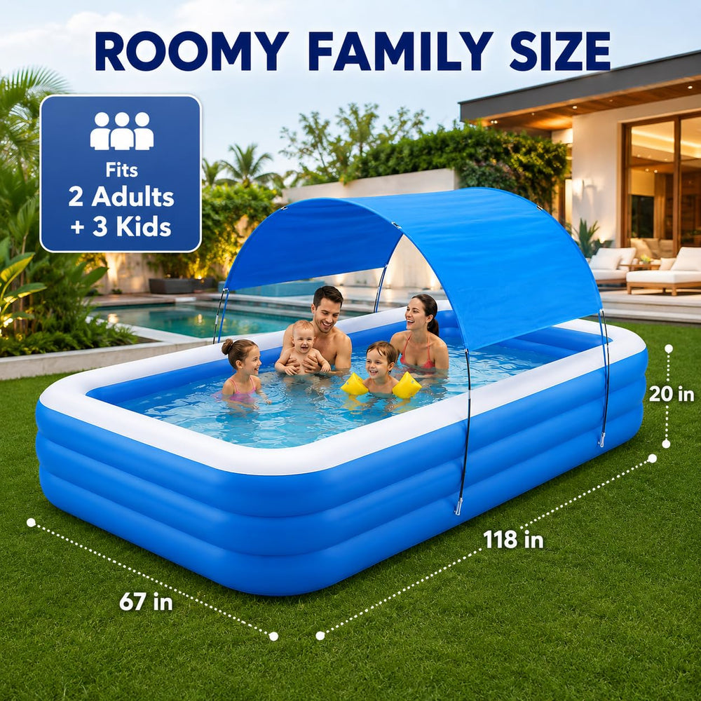 ieribr family using pool in backyard, promotes safe shaded outdoor fun