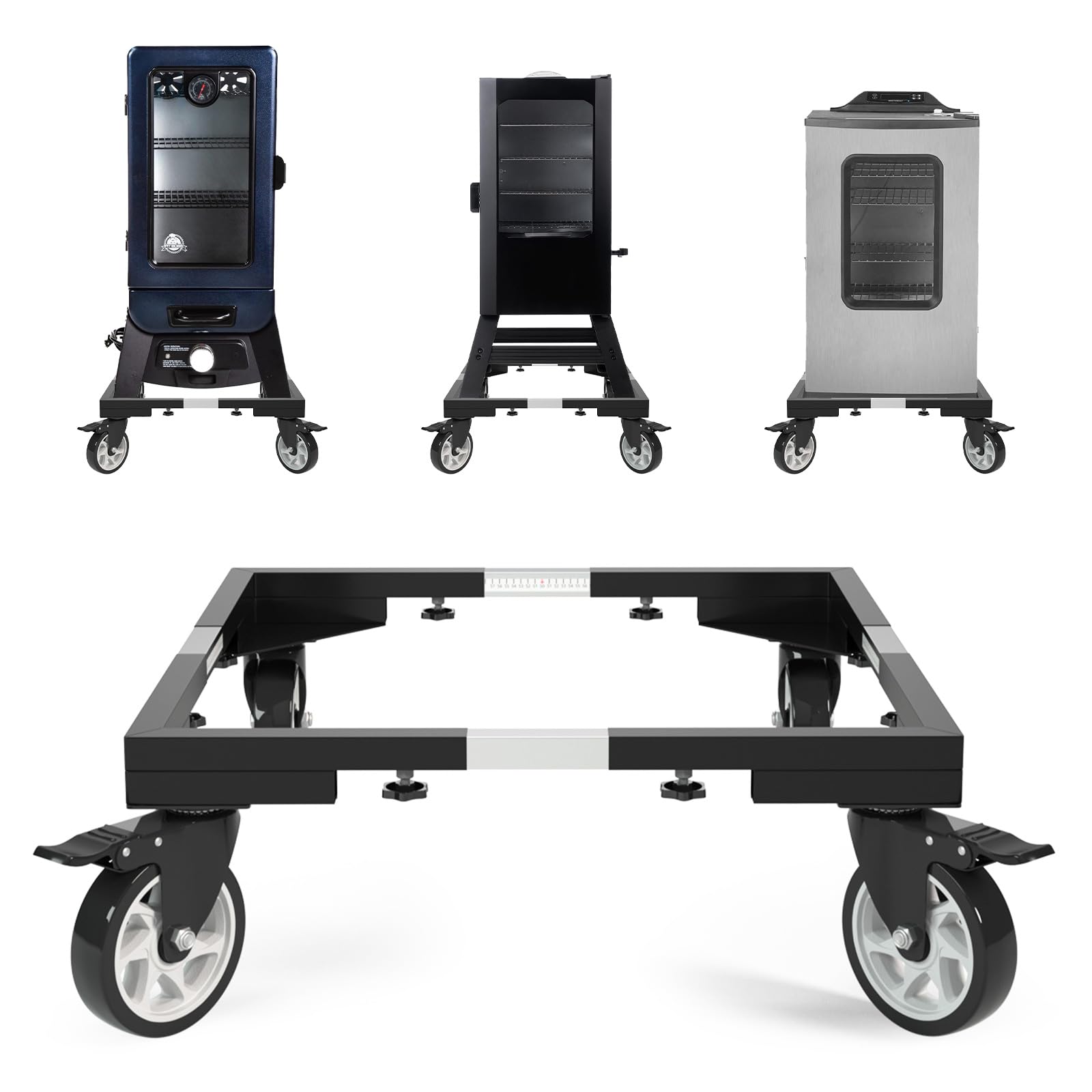 I'Ezonk front view of steel smoker stand showing stable frame and wheels